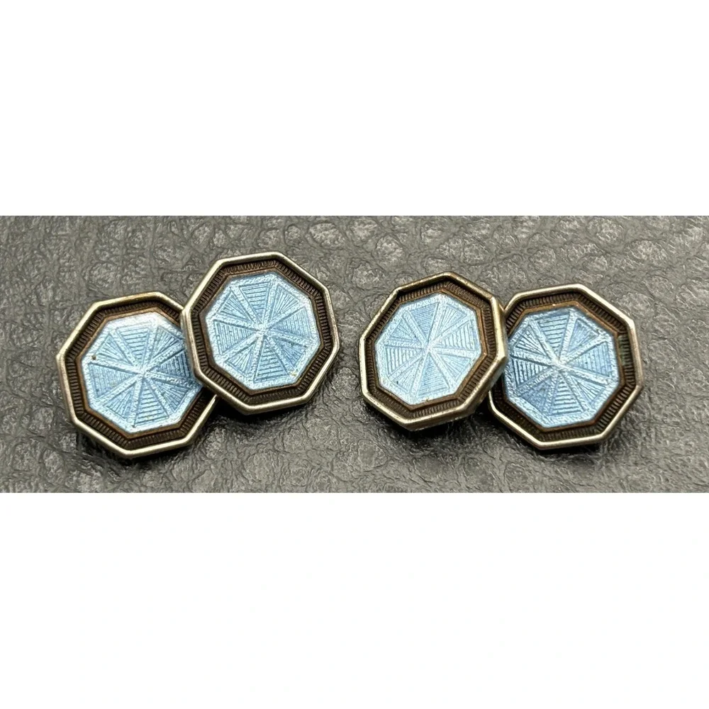 Vintage Art Deco Park Roger Silver Blue Guilloche Enamel Cufflinks
